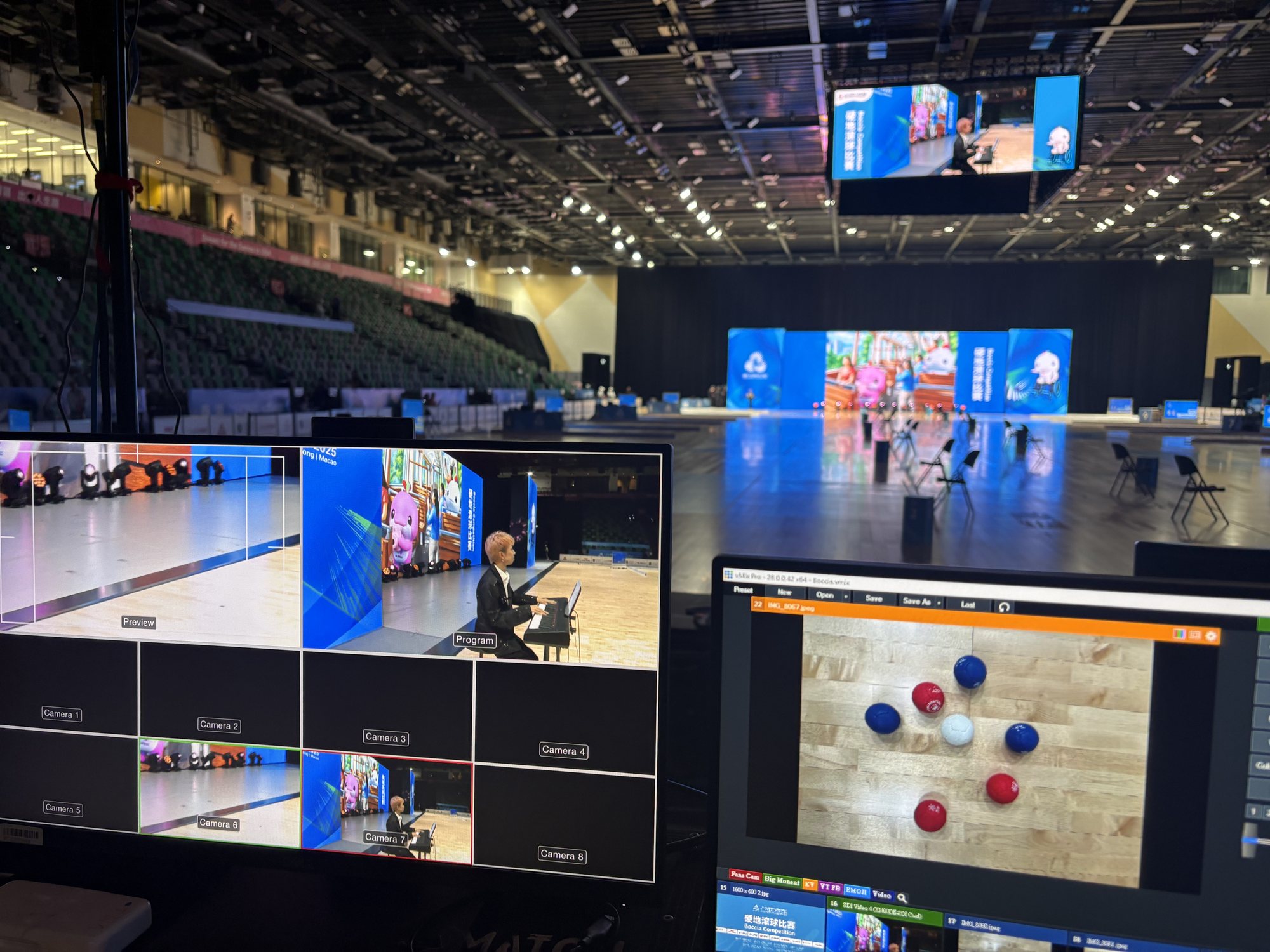 Boccia court at the 15th National Games, 2025, with production monitors in the foreground