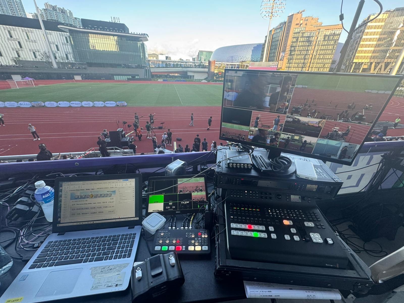 Live gallery desk with the vision mixer and multiview overlooking Kai Tak Youth Stadium