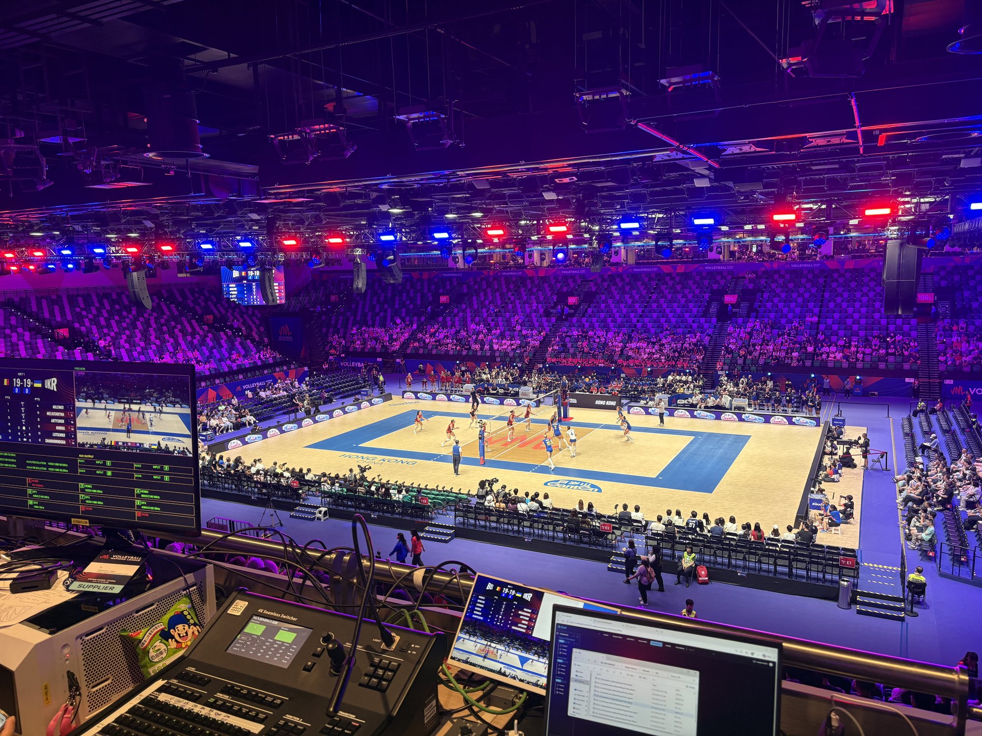 Broadcast booth overlooking the court at VNL 2026 Hong Kong